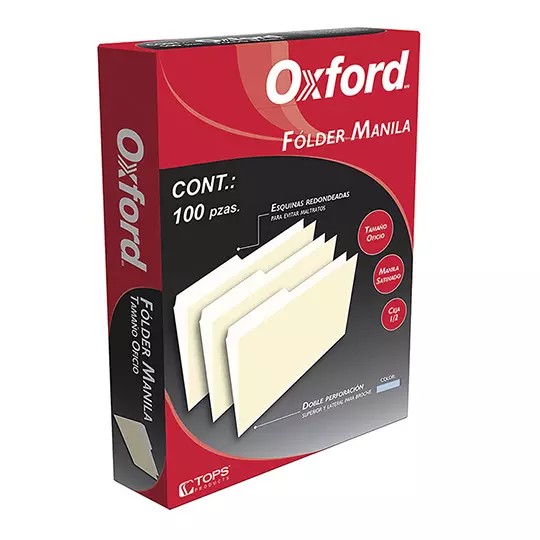 Folder manila Oxford oficio color azul ceja 1/2 caja con 100 pzas