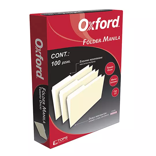 Folder manila Oxford oficio color rosa ceja 1/2 caja con 100 pzas