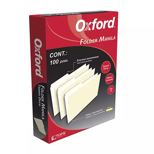 Folder manila Oxford oficio color amarillo ceja 1/2 caja con 100 pzas