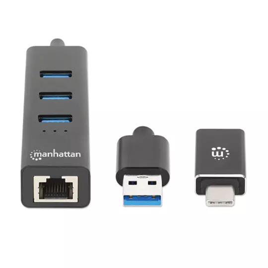 Hub Manhattan USB Macho 3x Puertos USB Hembra 1x RJ-45 Negro