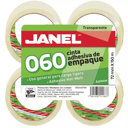 Cinta de empaque línea 060 hot Melt  transparente JANEL 72mmx150m 4 piezas