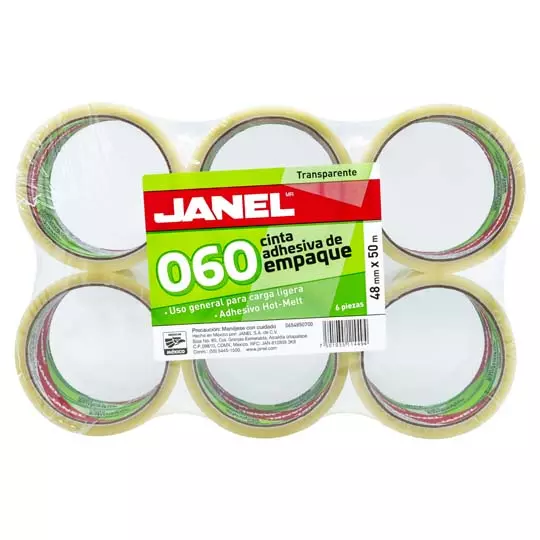 Cinta empaque linea 060 transparente JANEL 48x50 con 6 piezas