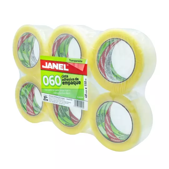 Cinta empaque linea 060 transparente JANEL 48x150 con 6 piezas