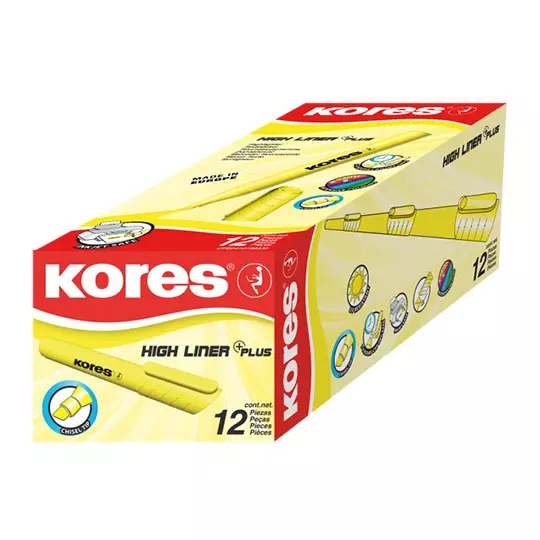 Resaltador High liner plus Kores, caja 12 pz amarillo.