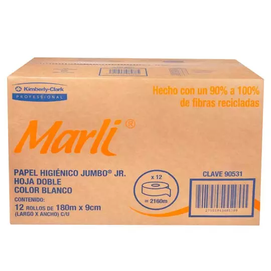 Papel Higiénico blanco Marli, caja c/12bobinas 180m jr mod 90531