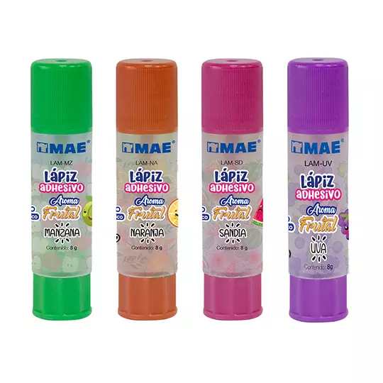 Lapiz adhesivo marca MAE transparente con aroma frutal, 4 pzas