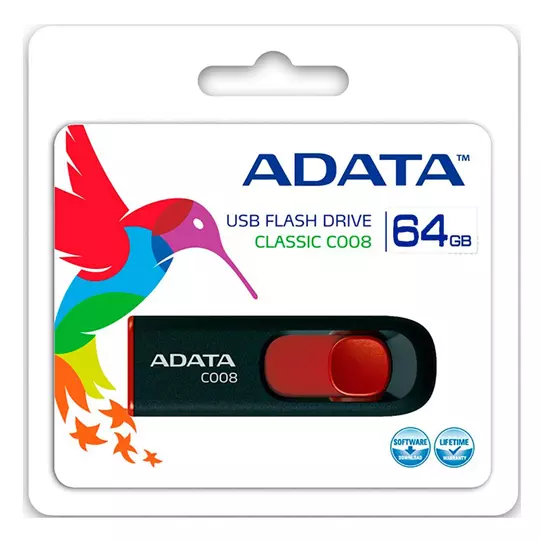 Memoria USB Adata C008, 64GB, USB 2.0, Negro/Rojo