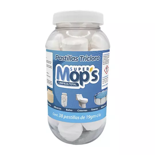Pastillas tri-cloro SUPERMOPS, clorado ydesinfección de agua, bote 720 gm