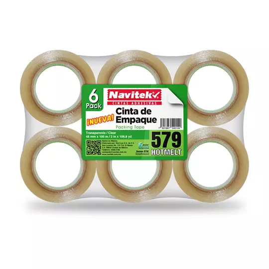 Cinta de empaque uso 579 Navitek transparente 48 mm x 100 m empaque 6 pzas