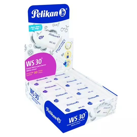 Goma Pelikan WS30 plástica blanca caja con 30 piezas