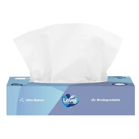 Pañuelo facial Level Pro cajilla con 100 hojas dobles, caja con 30 cajillas