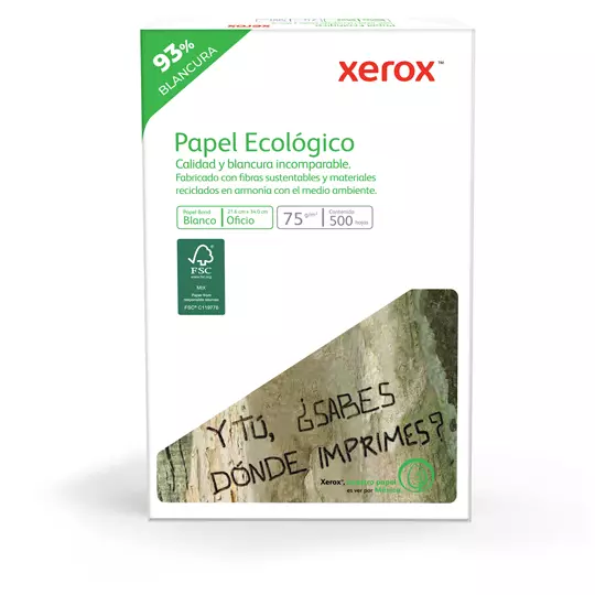 Caja de papel bond Ecológico XEROX tamaño oficio 93% de blancura 75gr.