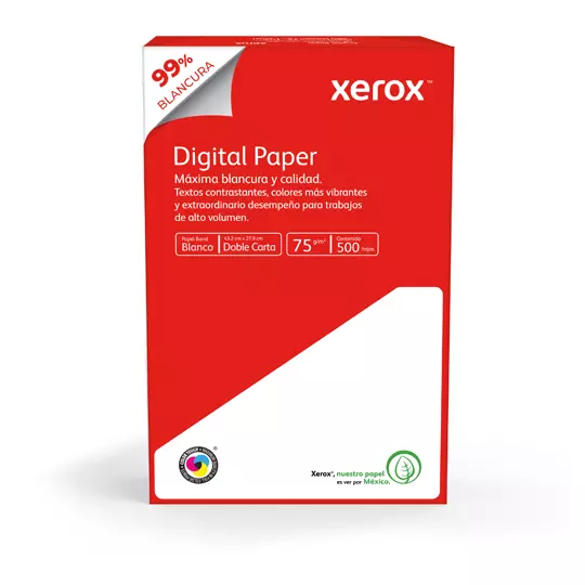 Caja de papel bond Rojo Xerox tamaño doble carta 99% de blancura 75gr.