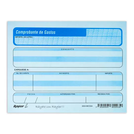 Comprobante de gastos Rayter, 1/4 de carta, color azul, block 50 hojas
