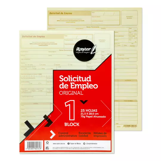 Solicitud de empleo Rayter, tamaño carta, color ahuesado, block 25 hojas