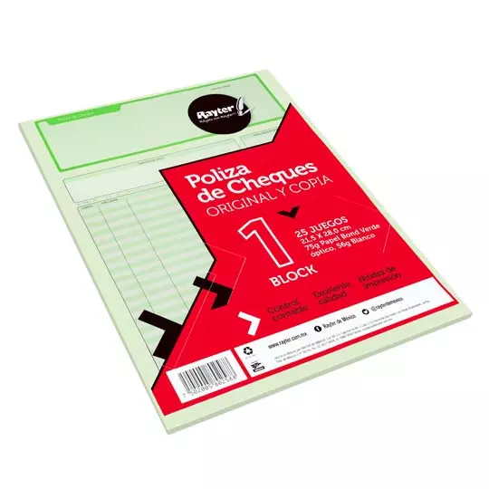 Póliza de cheque Rayter, tamaño carta, color verde, block 25 juegos
