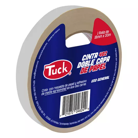 Cinta 402 doble capa TUK 18mm x 33m , color crema, 1 pza