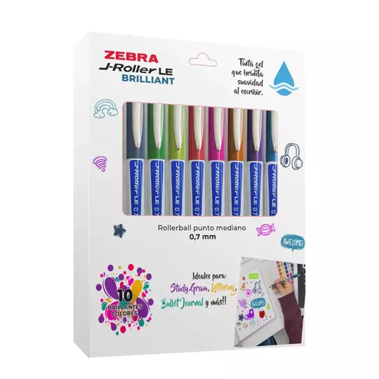 Bolígrafo de gel ZEBRA J-Roller LE BRILLIANT mediano 0.7 mm estuche c/10 colores
