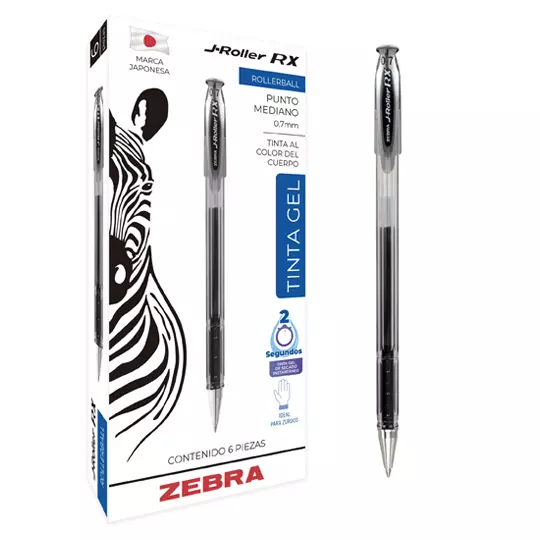 Bolígrafo de gel ZEBRA J-Roller RX punto mediano 0.7 mm color negro caja con 6 p