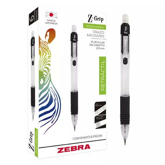 Portaminas ZEBRA Z Grip punto mediano 0.7 mm color de cuerpo negro caja con 6 pz