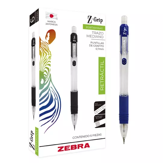 Portaminas ZEBRA Z Grip punto mediano 0.7 mm color de cuerpo azul caja con 6 pz
